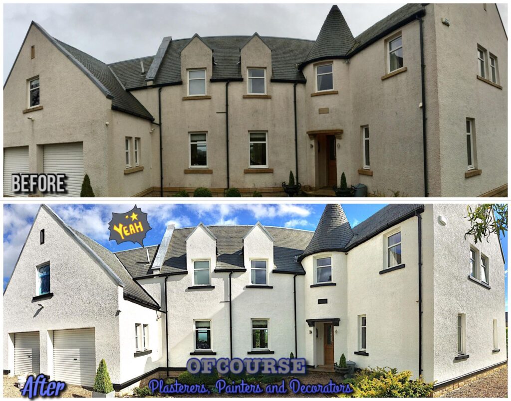 Two photos of a building in Edinburgh, before and after exterial walls renovations.