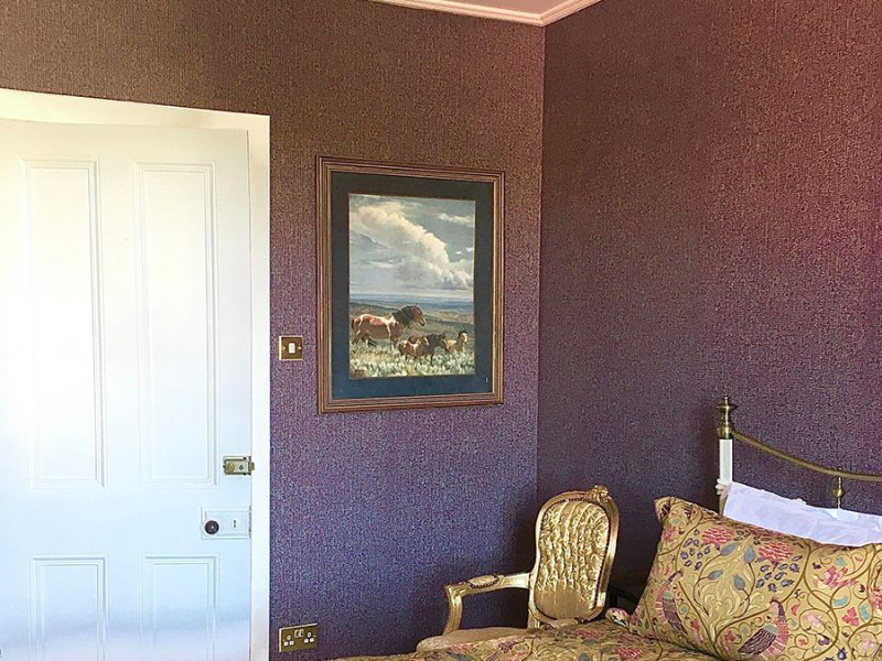Example of professionally hanged wallpaper by Ofcourse from Jedburgh. Bed, chair and door also visible on the photo.